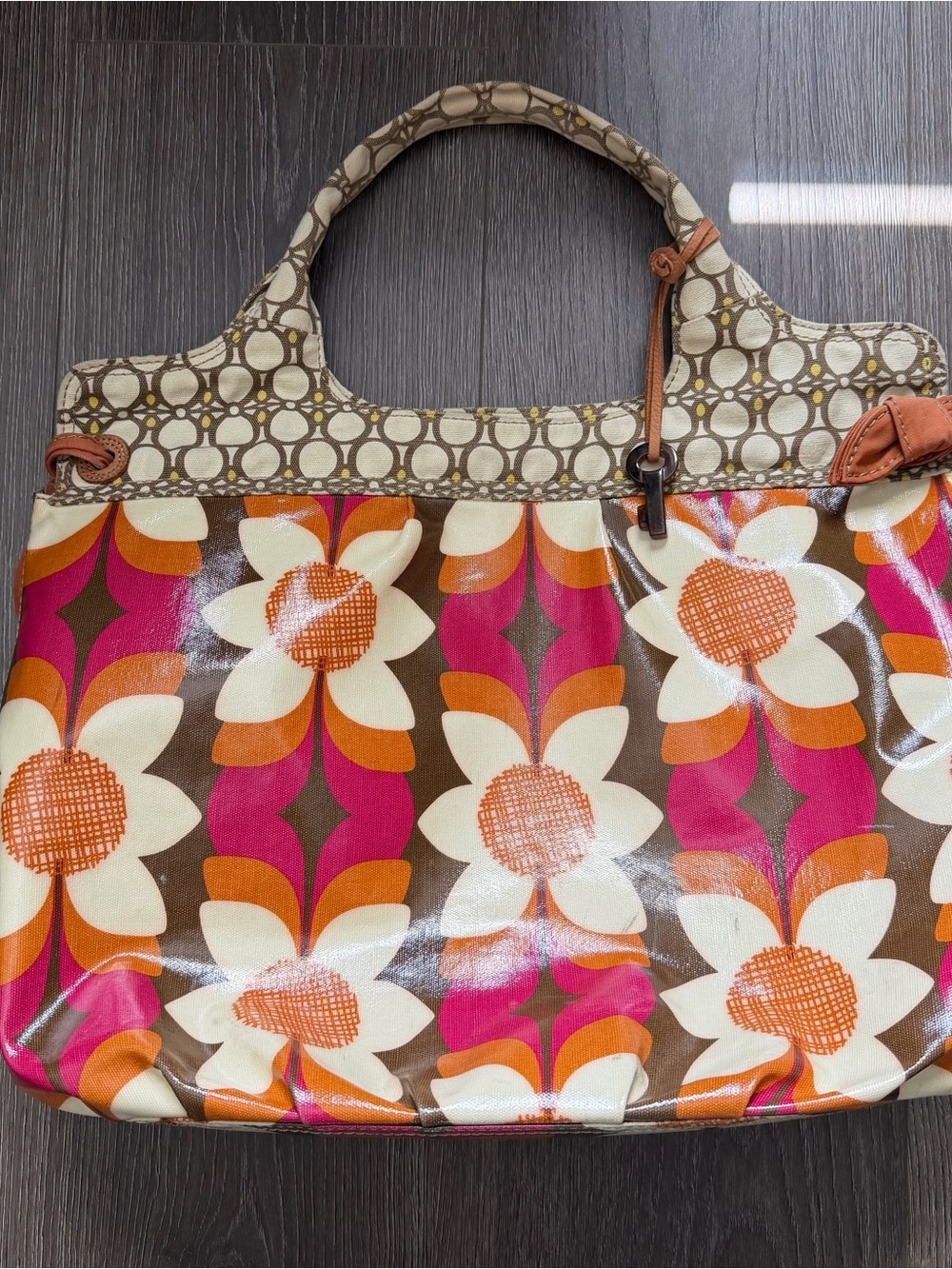 Fossil Floral Vinyl Tote Bag in Brown, Pink & Orange